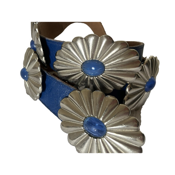 VTG Rare 33" 80s ACCESSOCRAFT NYC Glass Cab 5 Concho Buckle Blue Leather Belt - Picture 8 of 16